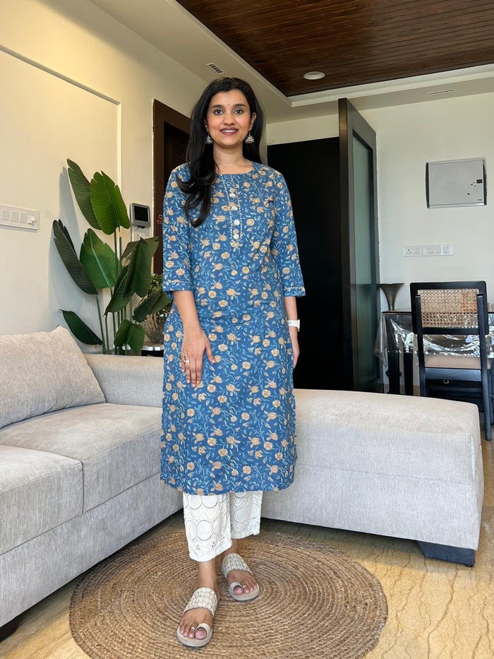 Gota Cotton Kurta- Blue Jaal