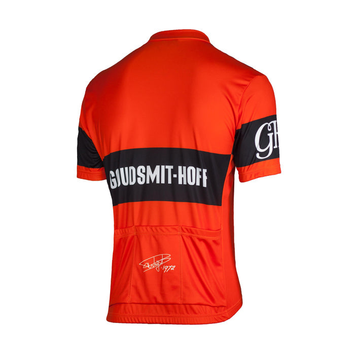 Rogelli Goudsmit fietsshirt heren rood korte mouw achterkant.