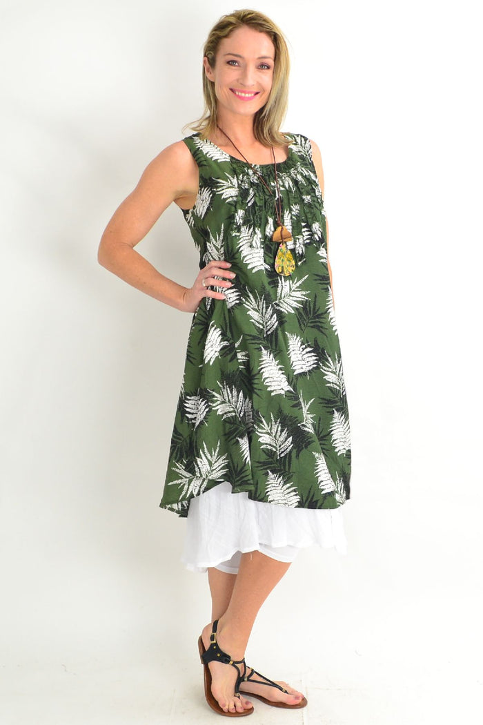 Green frilly Fern Tunic Dress by Willow Tree, featuring a flowy silhouette with ruffled details and a vibrant botanical print.
