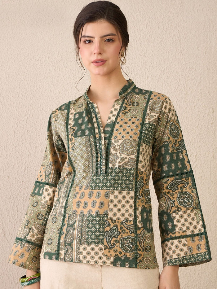 Green Paisley Print Mandarin Collar Long Sleeve Cotton Top for Women