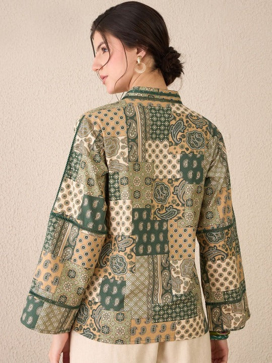 Green Paisley Print Mandarin Collar Long Sleeve Cotton Top for Women