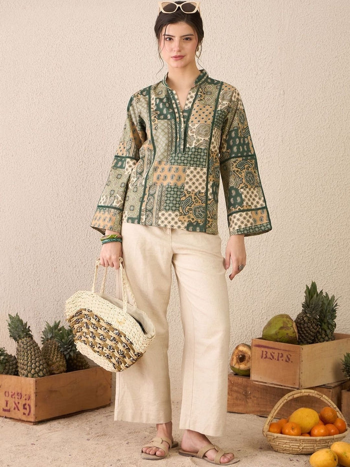 Green Paisley Print Mandarin Collar Long Sleeve Cotton Top for Women