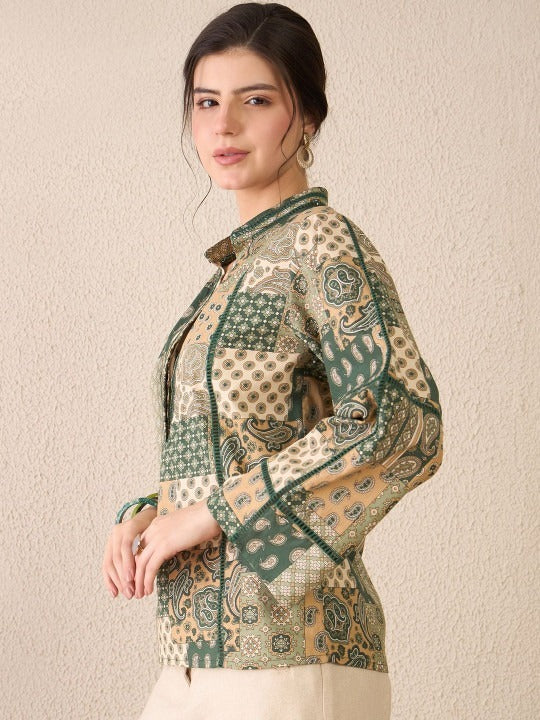 Green Paisley Print Mandarin Collar Long Sleeve Cotton Top for Women