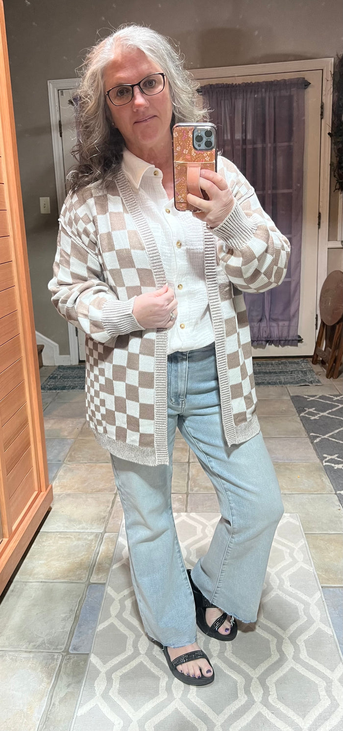 Greige & White Checkered Cardigan