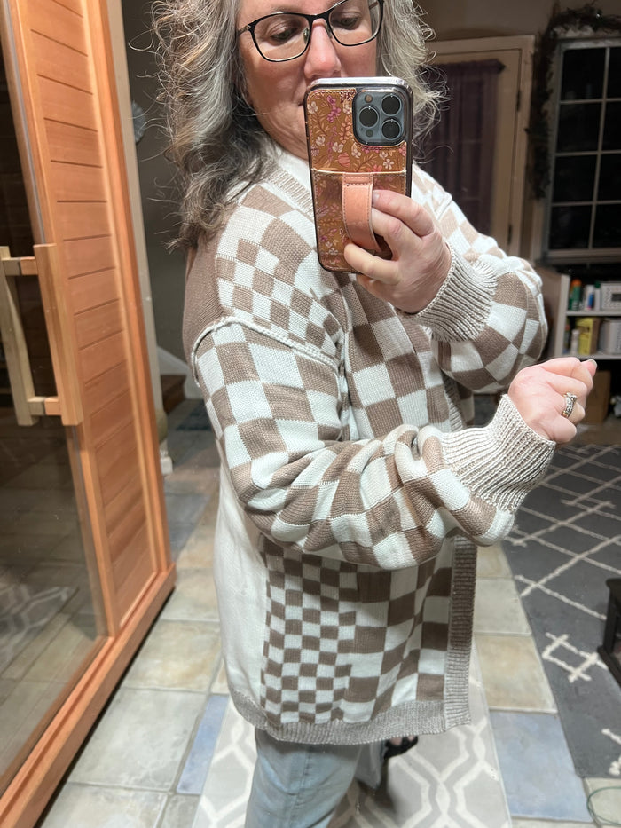 Greige & White Checkered Cardigan