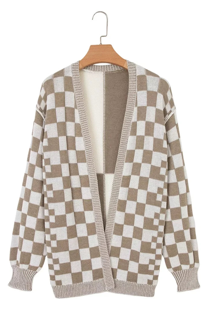 Greige & White Checkered Cardigan