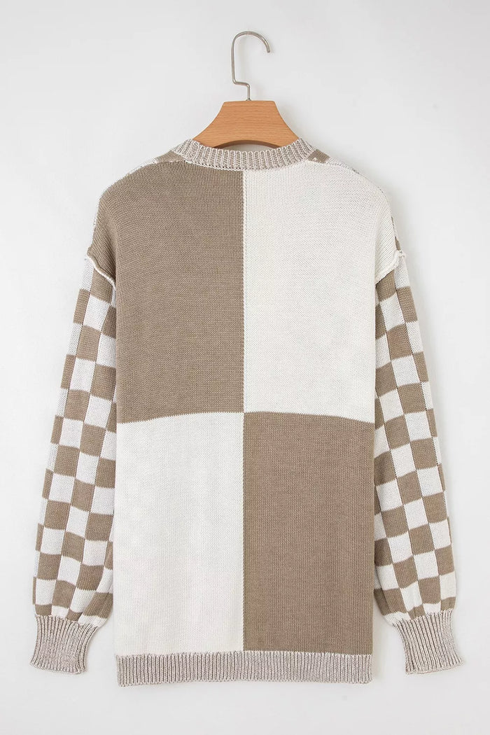 Greige & White Checkered Cardigan