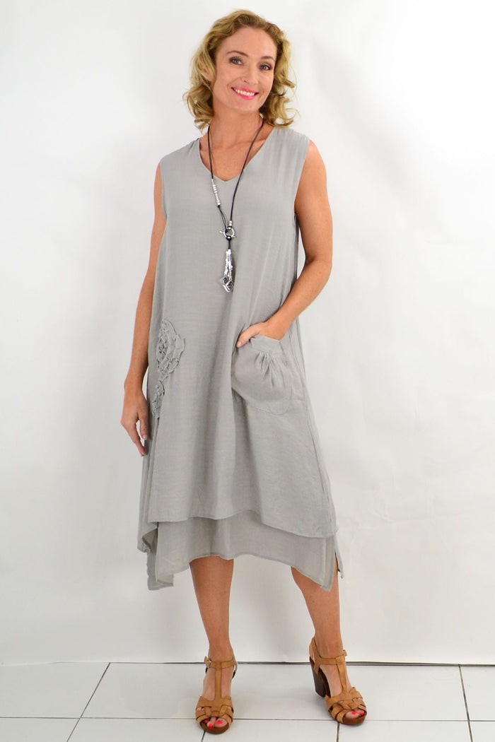 Grey applique sleeveless tunic dress by La Mode, shown with a relaxed fit and stylish design on a neutral background.