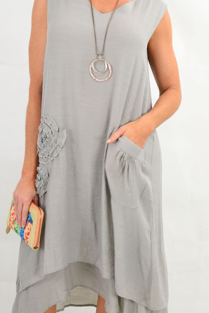Grey applique sleeveless tunic dress by La Mode, shown with a relaxed fit and stylish neckline, perfect for casual wear.