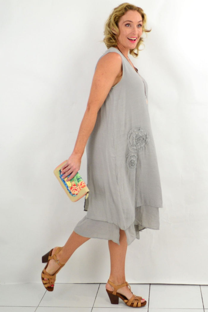 Grey applique sleeveless tunic dress from La Mode, featuring a relaxed fit and stylish design, shown on a model.