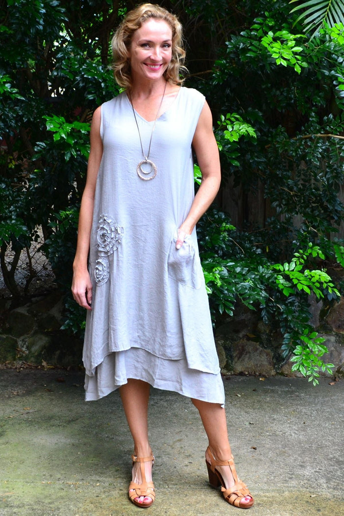 Grey applique sleeveless tunic dress by La Mode, featuring a relaxed fit and stylish design, shown on a model.