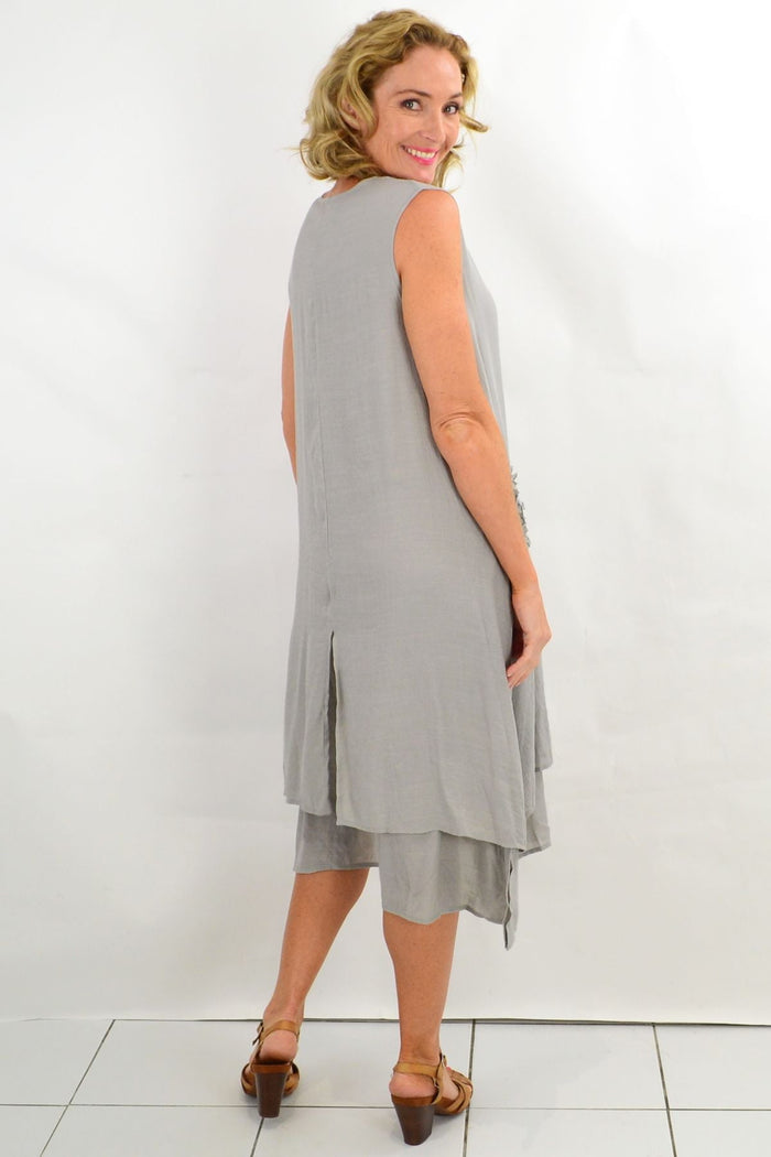 Grey sleeveless cotton tunic dress by La Mode with applique details, styled with a casual, relaxed fit.