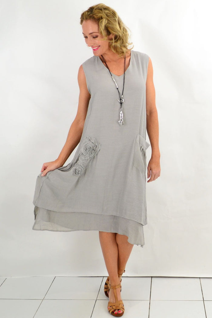 Grey sleeveless cotton tunic dress by La Mode with applique detail, showcasing a relaxed fit and casual style.