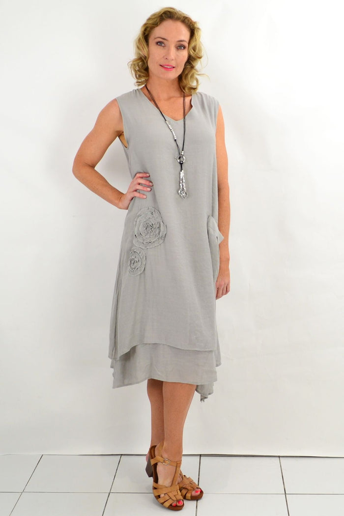 Grey applique sleeveless cotton tunic dress by La Mode, showcasing a relaxed fit and stylish design.
