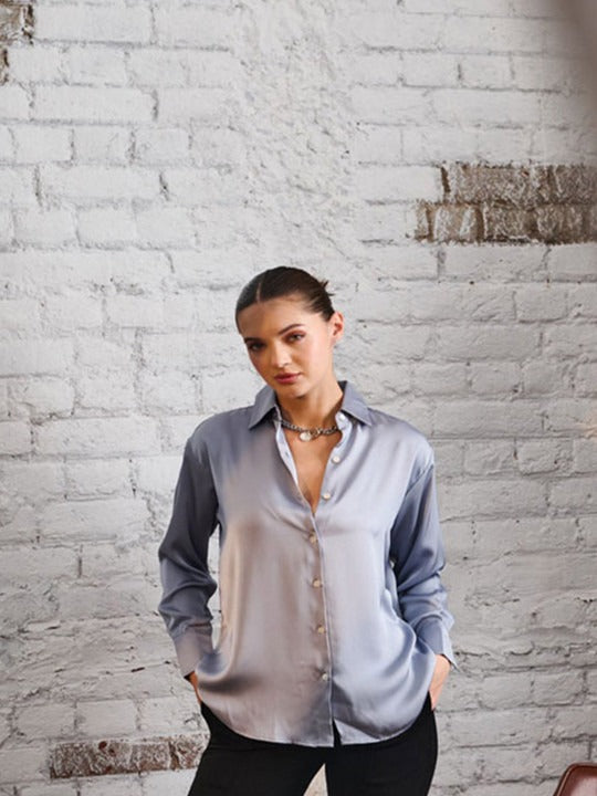 Grey Horizontal Striped Party Shirt for Women | Spread Collar