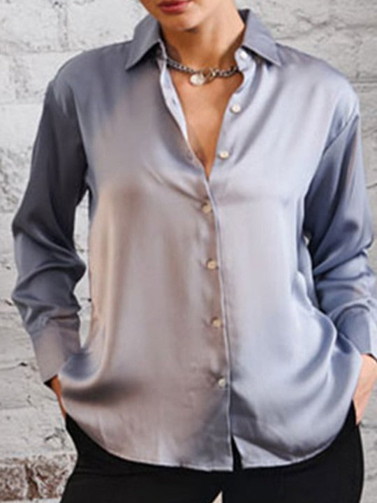 Grey Horizontal Striped Party Shirt for Women | Spread Collar