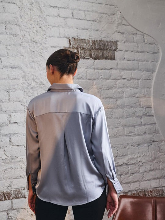 Grey Horizontal Striped Party Shirt for Women | Spread Collar