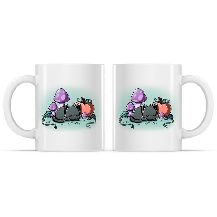 Ceramic Mug_TeeTurtle Harvest Haze Mug white mug featuring a sleeping black cat curled up beside a pumpkin and purple mushrooms in a peaceful autumn woodland scene.