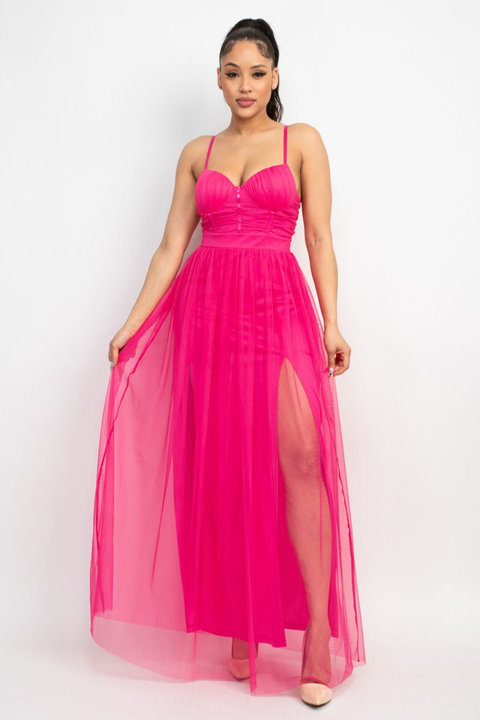 Hot Pink Back Zip Mesh Dress