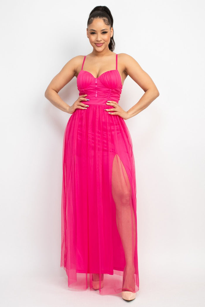 Hot Pink Back Zip Mesh Dress