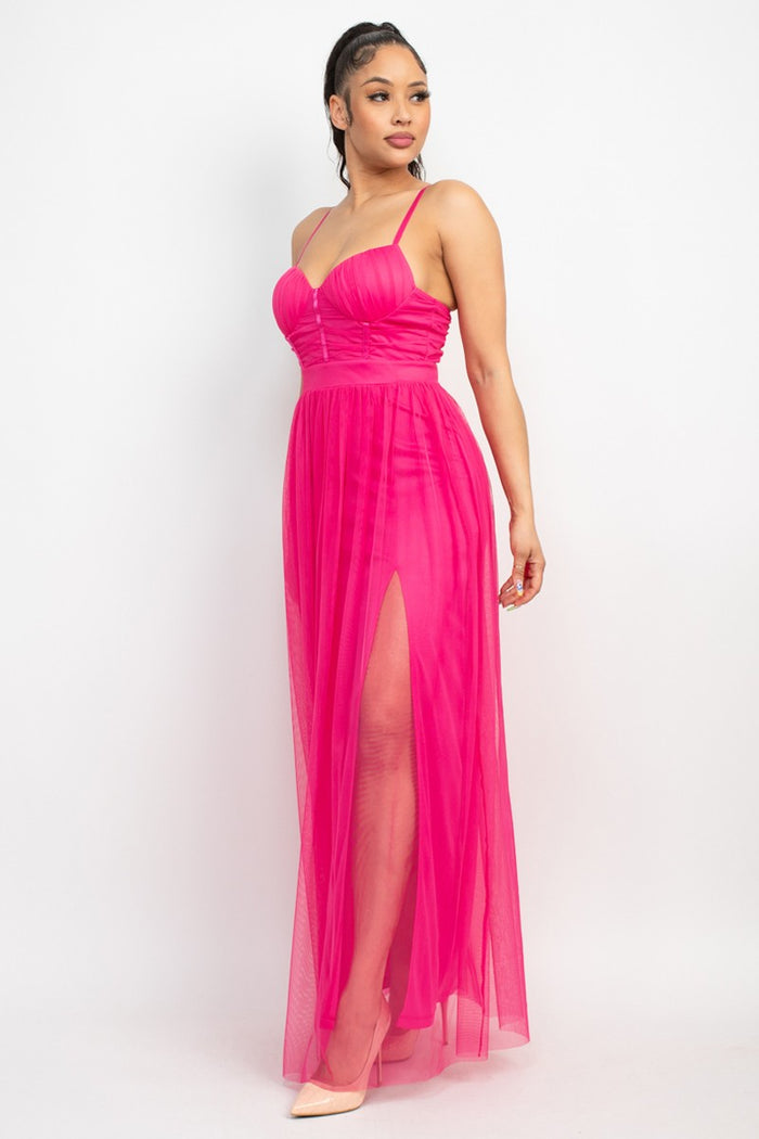 Hot Pink Back Zip Mesh Dress