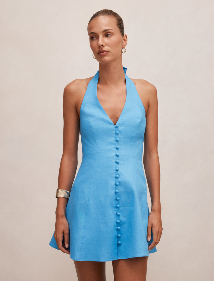 Ina Button Front Halter Mini Dress Blue Lemonade Forever New
