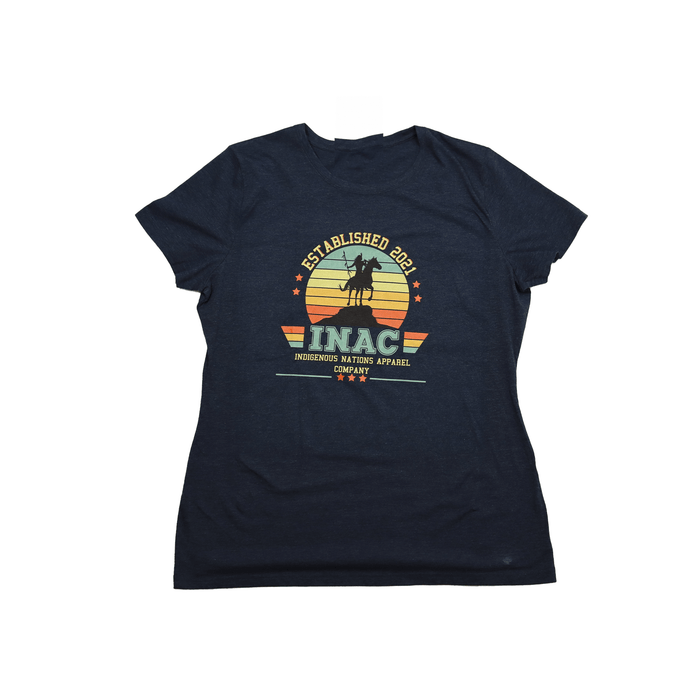 Navy blue t-shirt with a graphic design on a white background