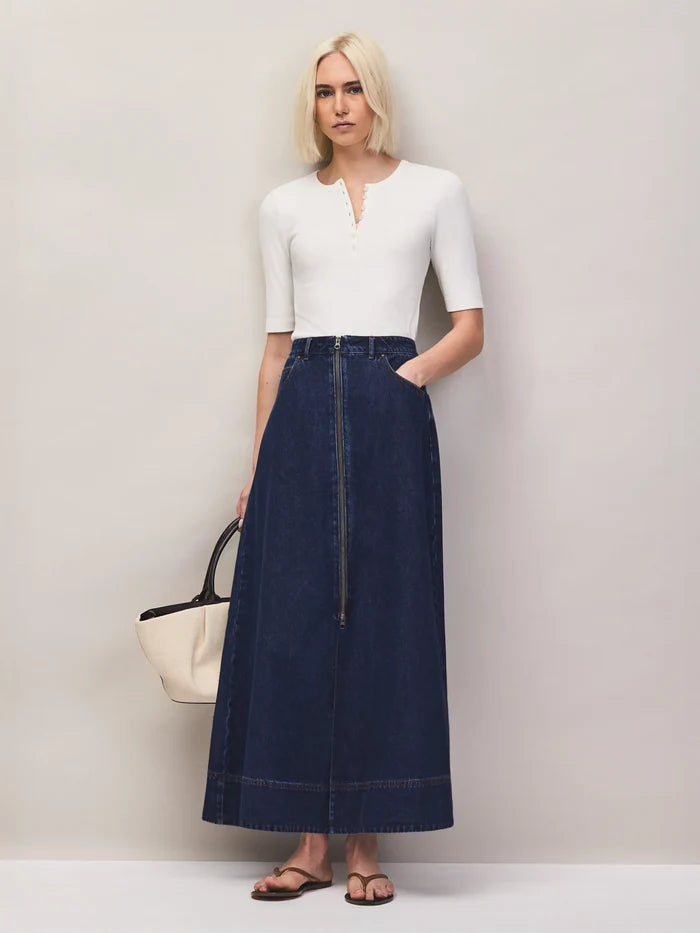 Indigo Denim Split-Front Maxi Skirt