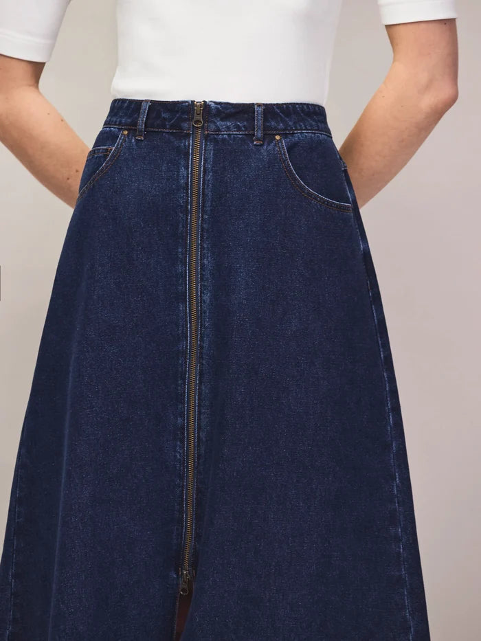 Indigo Denim Split-Front Maxi Skirt