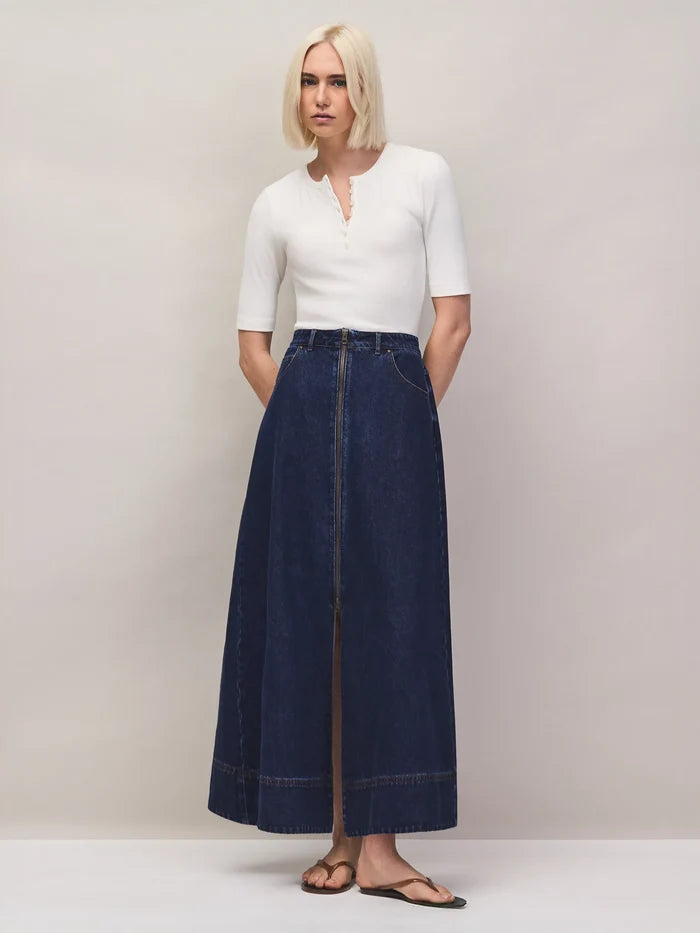 Indigo Denim Split-Front Maxi Skirt