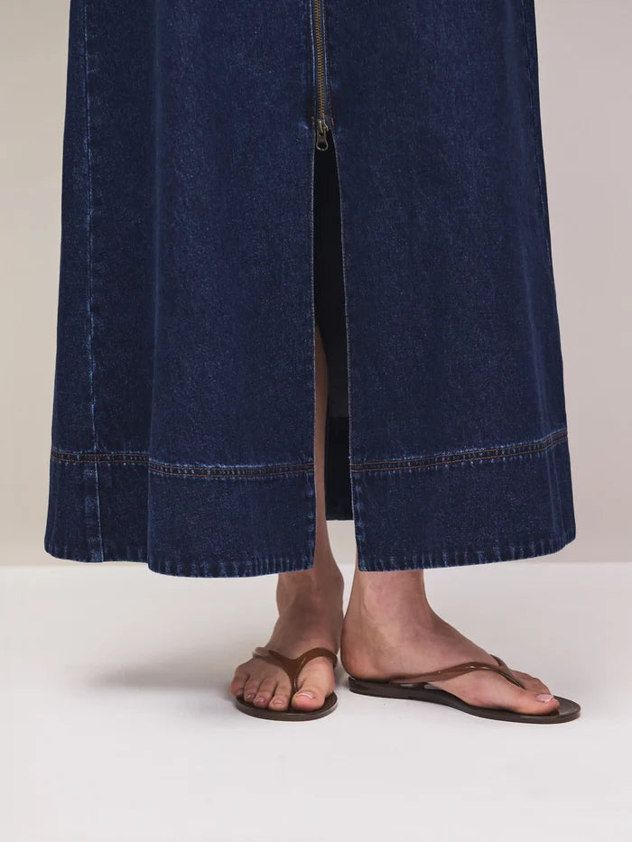 Indigo Denim Split-Front Maxi Skirt
