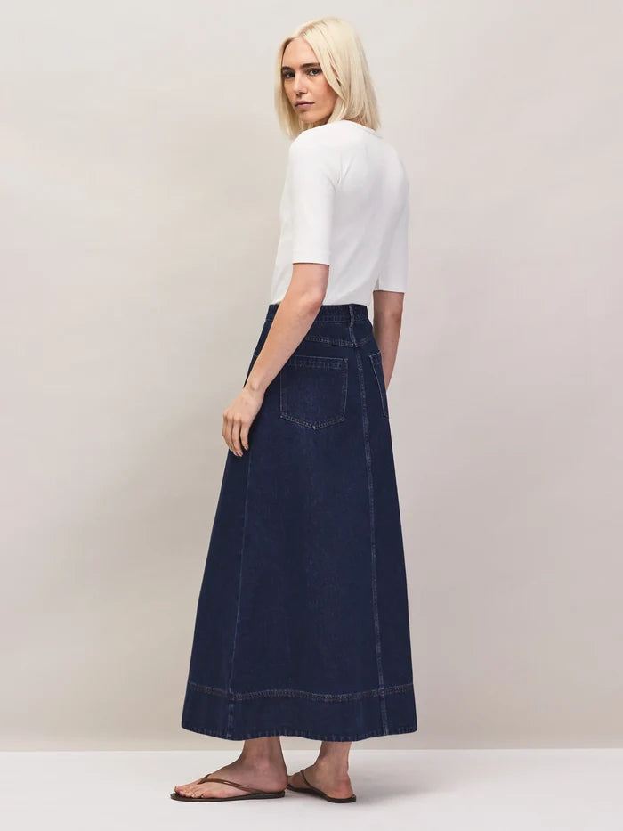 Indigo Denim Split-Front Maxi Skirt