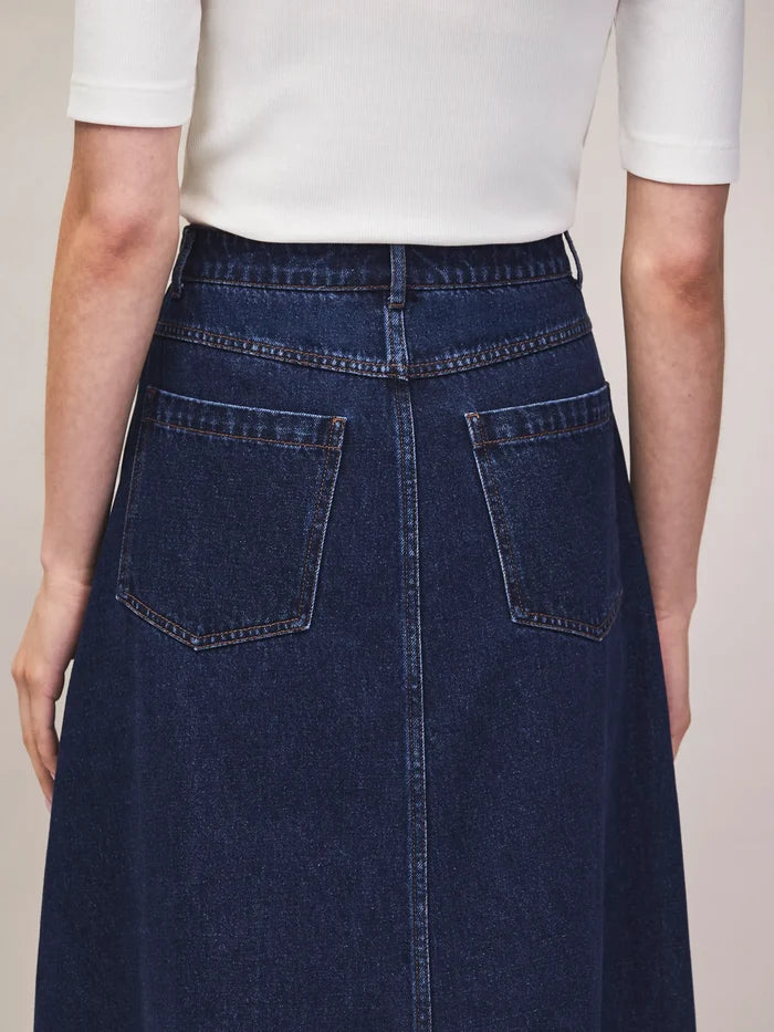 Indigo Denim Split-Front Maxi Skirt