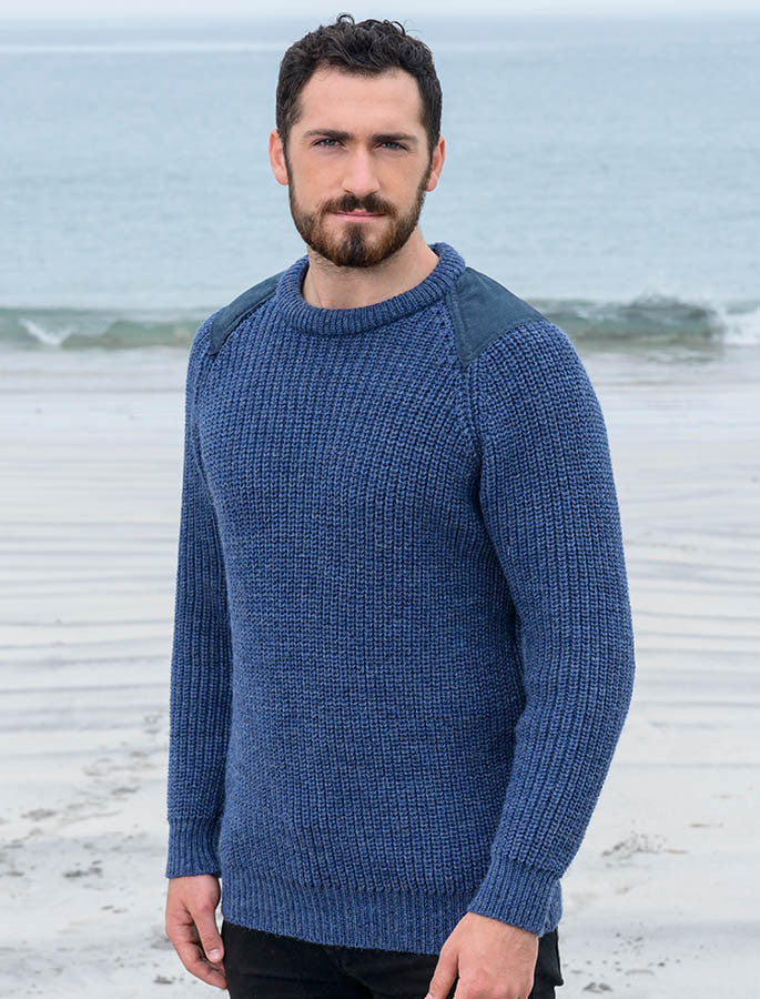 Irish Fishermans Ribbed Sweater with Patches - Caspian #color_caspian