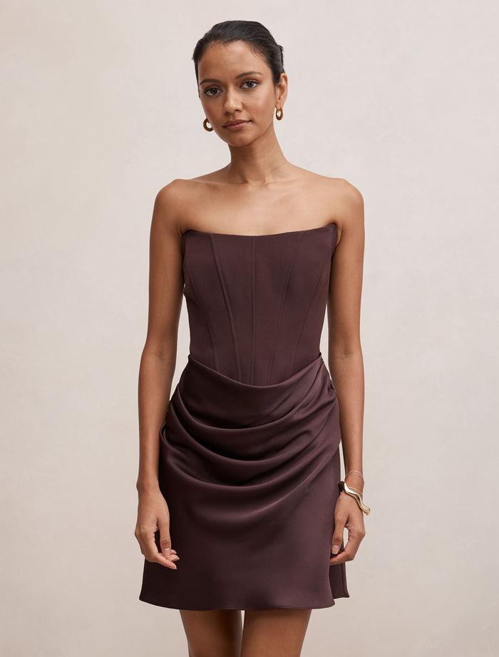 Isra Petite Drape Strapless Mini Dress Dark Chocolate Forever New