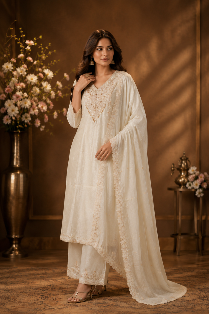 Ivory Embroidered Kurta Palazzo Set with Dupatta