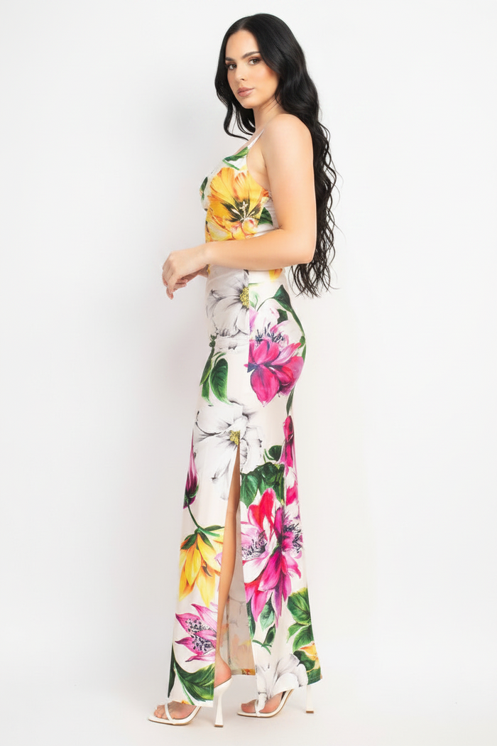 Ivory Floral Cowl Neck Slit Cami Maxi Dress