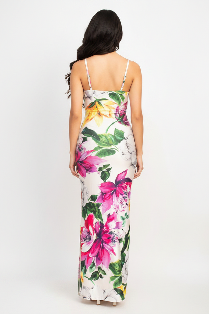 Ivory Floral Cowl Neck Slit Cami Maxi Dress