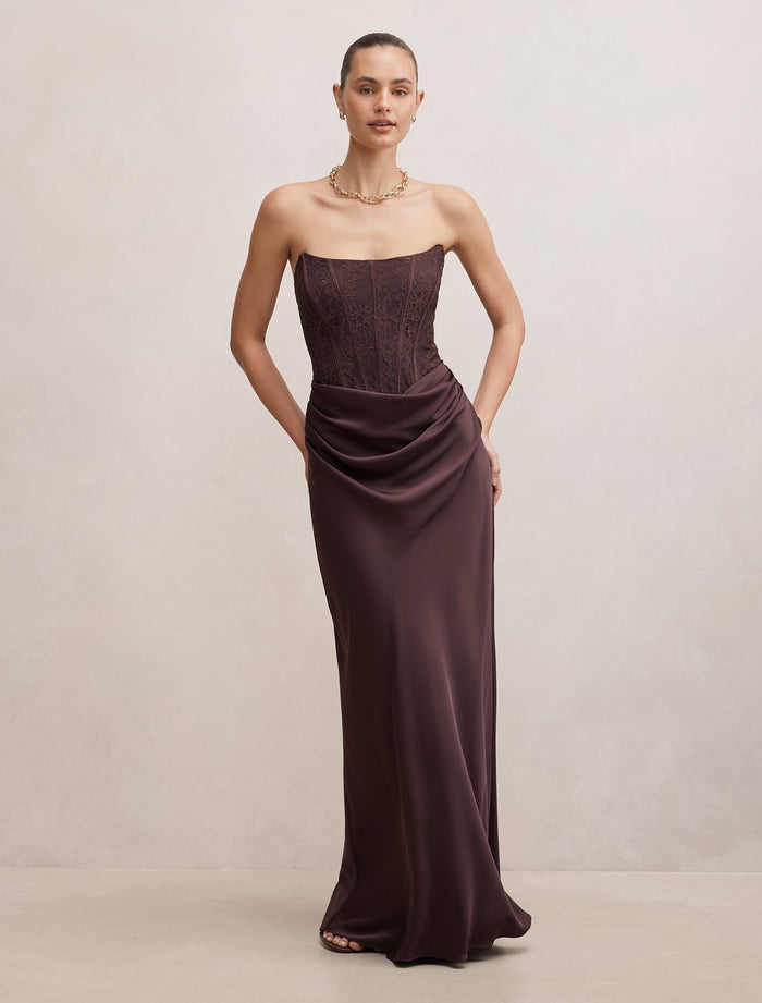 Ivy Lace Corset Drape Maxi Dress Dark Chocolate Forever New