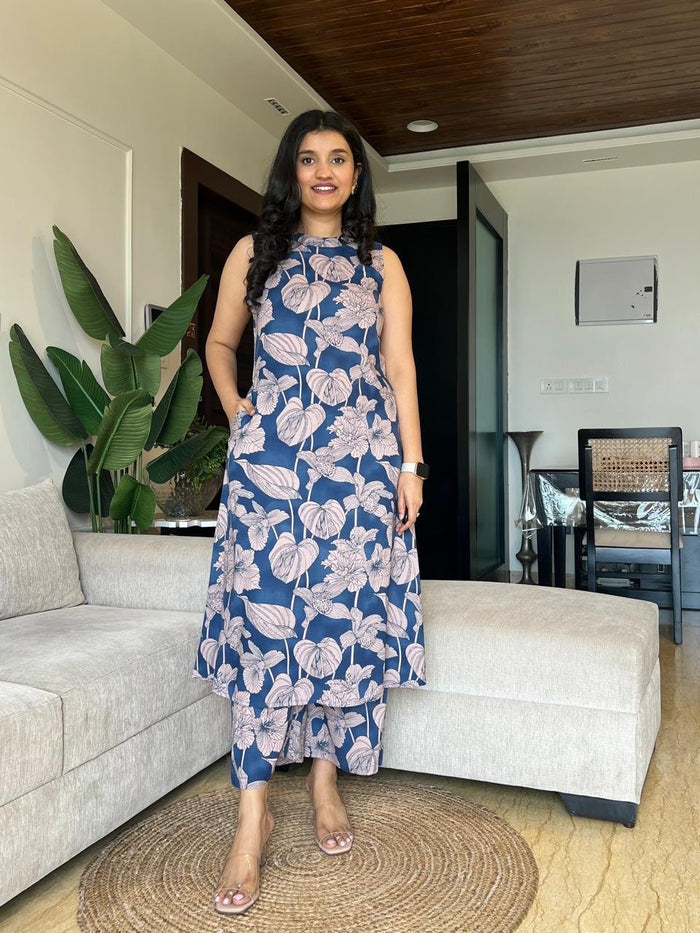 Jasmine Closed Neck Coord Set- Blue Tropicals