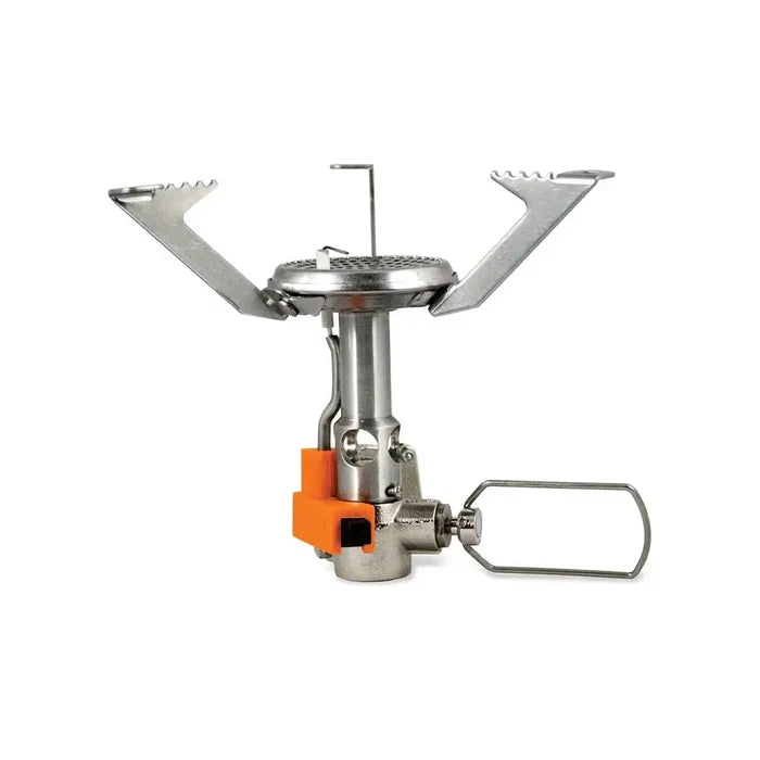 Jetboil MightyMo Camping Gas Stove burner showingthe peizo igniter and flame control on a white background