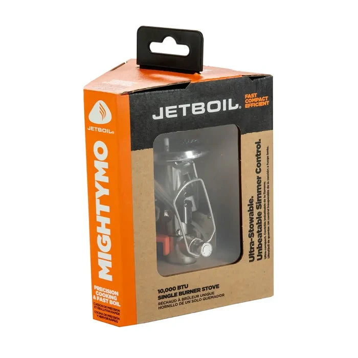 Jetboil MightyMo Camping Gas Stove packaging on a white background