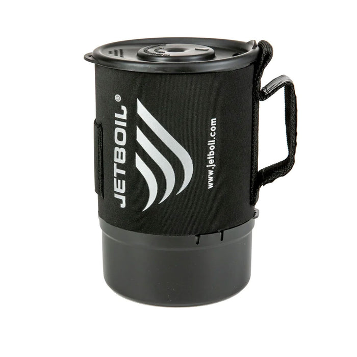 Jetboil Zip gas camping stove pot with neoprene insulating sleeve and web handle