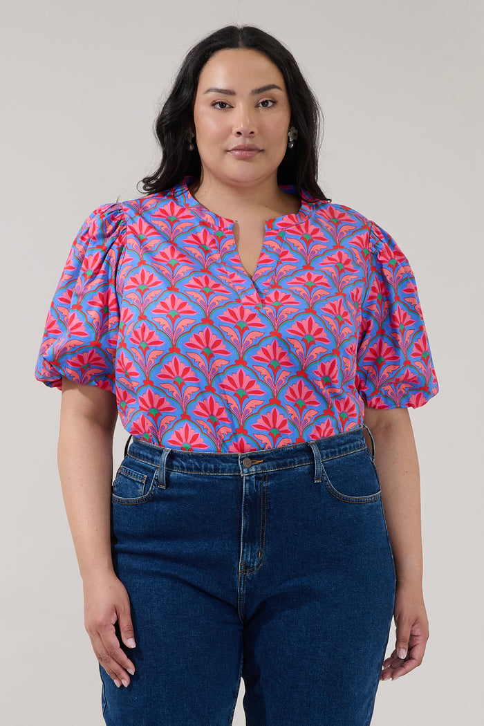 Jolene Split Neck Top Floral Curve