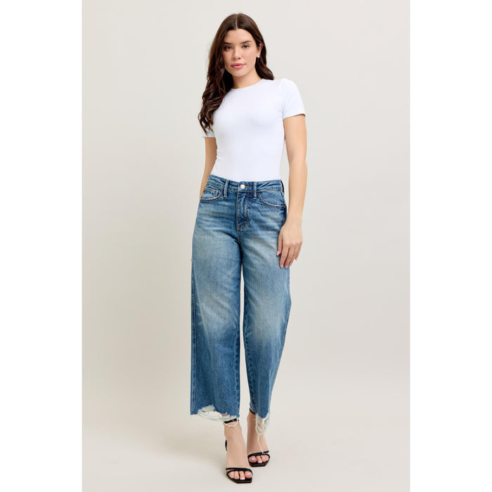 Judy Blue - hi-waisted, Rigid Magic Destroy Hem, Crop Wide Leg Jeans 8963 - Blue