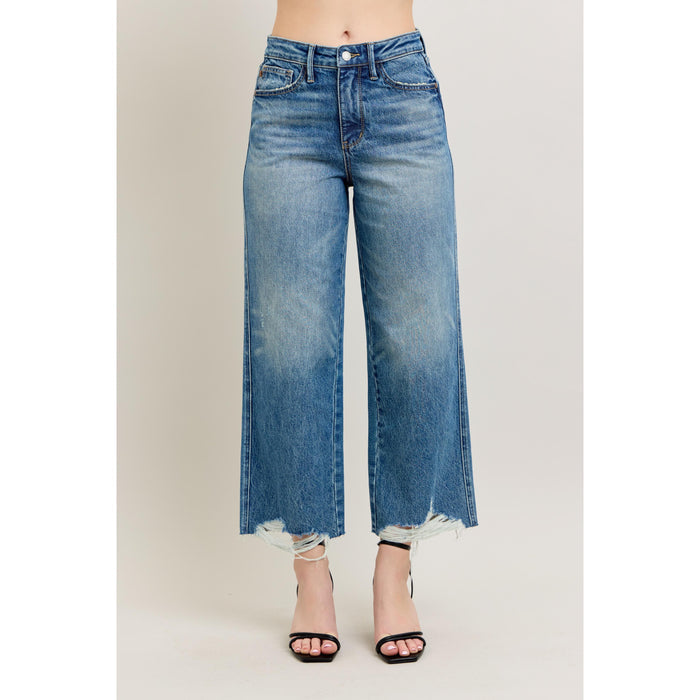 Judy Blue - hi-waisted, Rigid Magic Destroy Hem, Crop Wide Leg Jeans 8963 - Blue