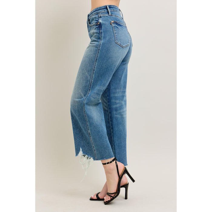 Judy Blue - hi-waisted, Rigid Magic Destroy Hem, Crop Wide Leg Jeans 8963 - Blue