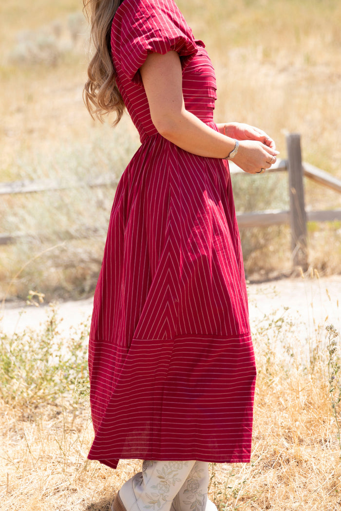 A woman wearing the Ivy City Co Julie Dress in Cranberry Pinstripe, featuring puff sleeves and a smocked bodice, stands sideways outdoors in a dry grassy field with a wooden fence in the background. Only her body, not her face, is visible.
