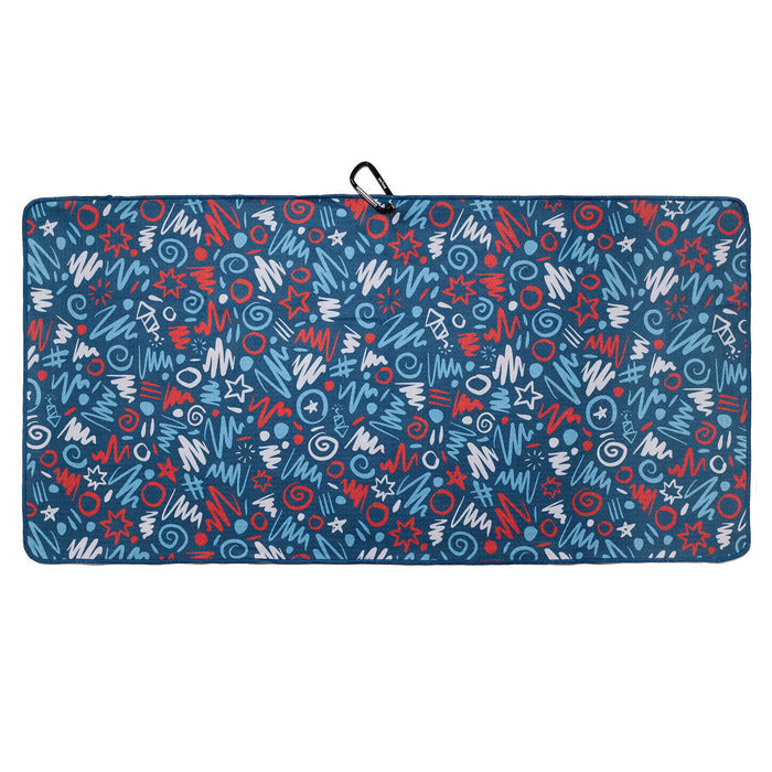 A rectangular mat featuring a blue background with an abstract pattern of red, white, and light blue squiggles, zigzags, stars, and dots. A small black fabric loop is attached at the top center for hanging or carrying.