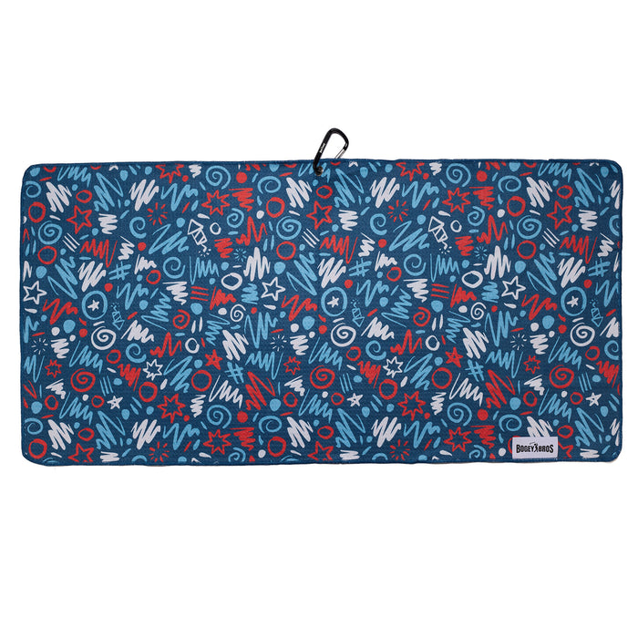 A rectangular blue mat with a playful abstract pattern of red, white, and light blue squiggles, stars, zigzags, and swirls. There is a loop at the top center and a white rectangular label reading BOOTZAMES at the bottom right corner.
